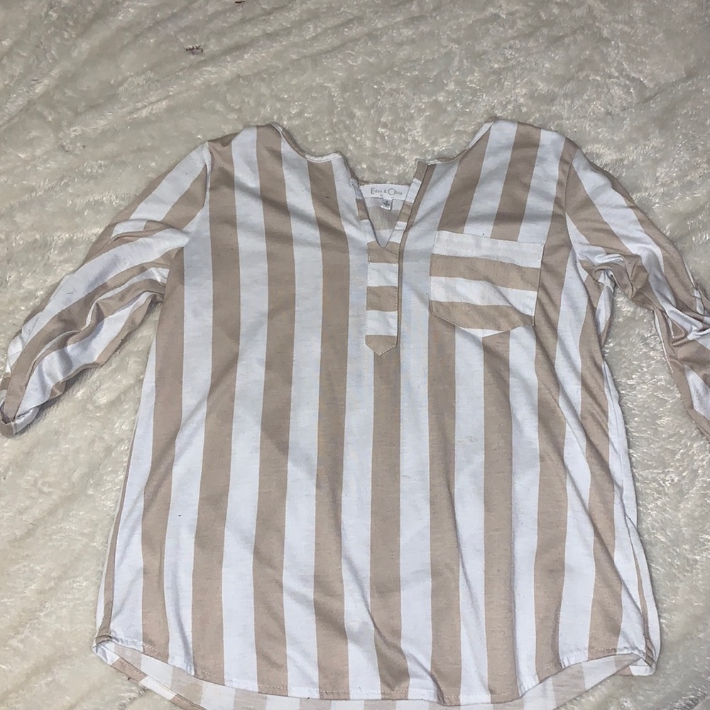 Small tan and white striped shirt with quarter length sleeve with small pocket